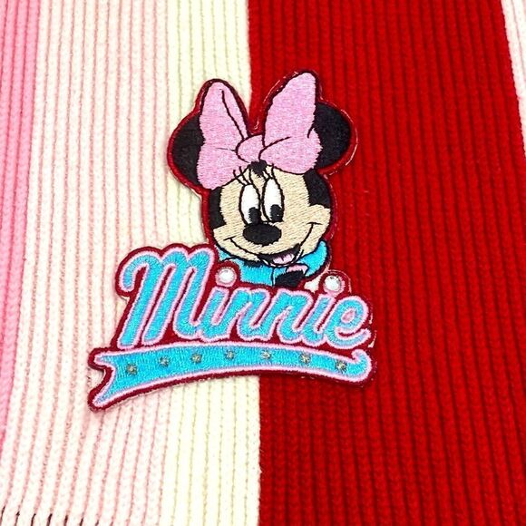 Disney Girls Minnie Mouse Embroidered Stripped Red And Pink Scarf With Fringe - Picture 1 of 6